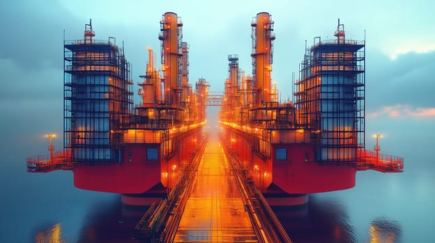 Two large oil rigs stand majestically in the sea during twilight, their bright lights creating a striking contrast against the darkening sky and water.