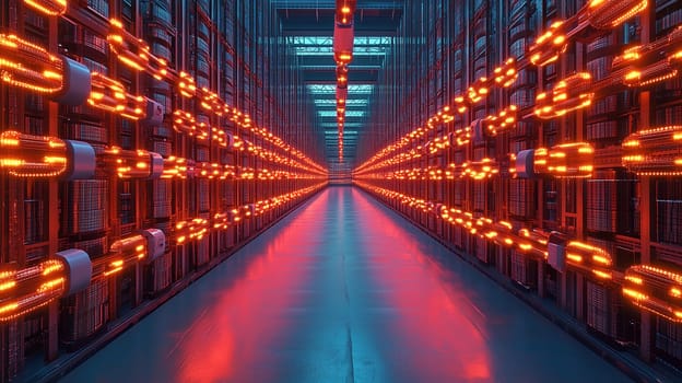 Rows of server racks are illuminated by vibrant red lights, creating a futuristic and dynamic atmosphere in the data center. The scene reflects a high-tech environment optimized for data processing.