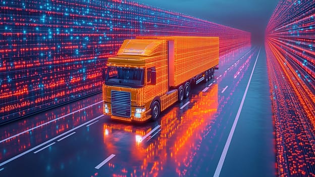 A vibrant truck with a glowing exterior moves through a dazzling neon corridor filled with colorful light patterns.