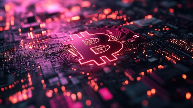 A vibrant circuit board features a prominent Bitcoin symbol glowing in pink and orange. The intricate design highlights the technology behind cryptocurrency and its modern appeal.