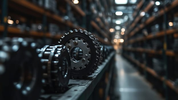 Various industrial gears are neatly placed on metal shelves in a spacious warehouse. The lighting highlights the texture of the gears, emphasizing their metallic finish.