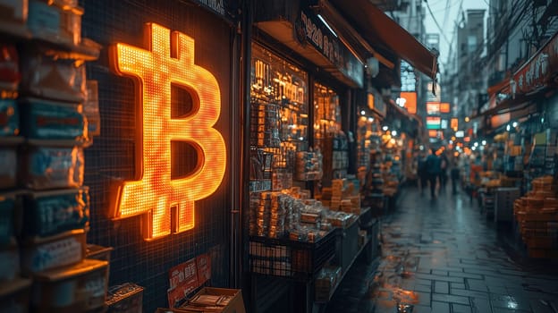The glowing bitcoin sign stands out against a busy market street filled with colorful stalls and shoppers. Evening lights create a lively atmosphere as people navigate the vibrant scene.