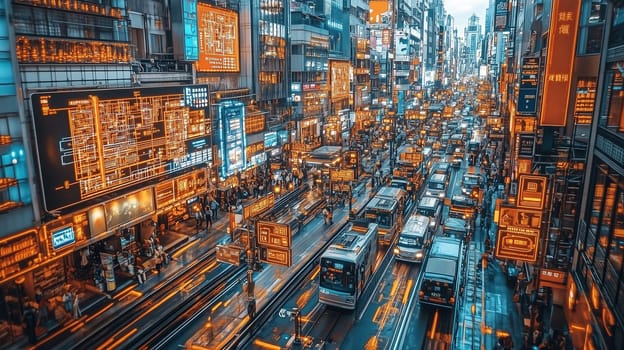 A lively urban street captures the energy of a city at twilight. Neon signs illuminate the area as vehicles and pedestrians navigate the bustling thoroughfare, showcasing city life in motion.