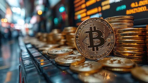 Bitcoin is prominently displayed with stacks of other coins in a busy financial area, showcasing the vibrant atmosphere of cryptocurrency trading below glowing electronic boards.