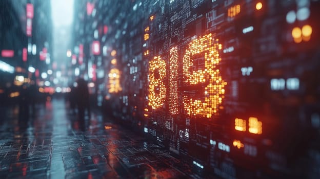 A vibrant cityscape glows with neon lights reflecting on wet pavement, featuring glowing numbers and binary code projected on towering walls. The atmosphere is lively yet mysterious.