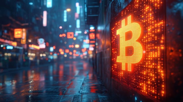 A vibrant bitcoin symbol glows against a wet city street filled with neon lights. Rain reflects the colorful advertisements, creating a lively nighttime atmosphere in an urban setting.