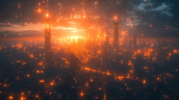 A stunning sunset casts a warm glow over a sprawling metropolis with numerous tall buildings. Bright lights flicker on the structures, creating a captivating atmosphere during twilight.