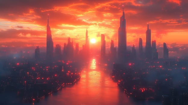In a breathtaking display, a vibrant sunset casts warm hues over a futuristic city skyline. Skyscrapers reflect the colors, while a calm river flows through the scene, creating a serene atmosphere.