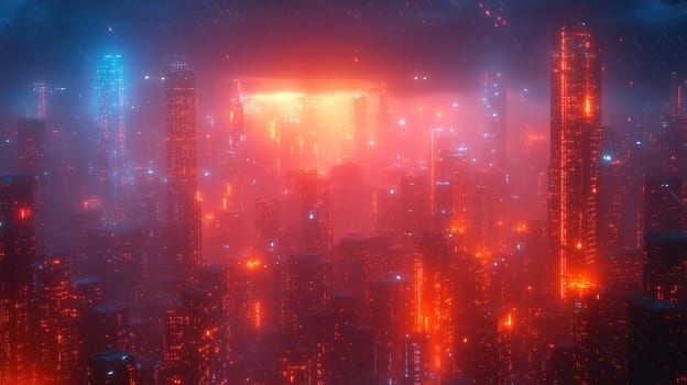 A futuristic city is illuminated by striking neon lights, casting a vibrant glow against the atmospheric fog. Skyscrapers rise dramatically, enveloped in a mysterious aura at night.