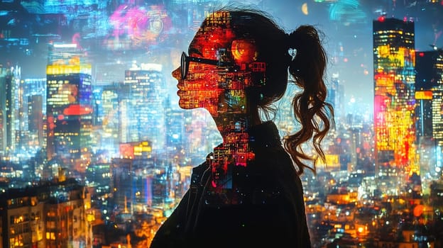 A woman’s silhouette stands against a bright city skyline at night, infused with colorful lights and patterns that reflect the urban energy.