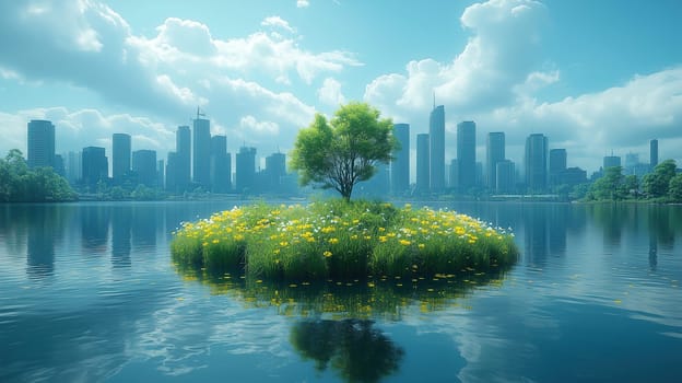 A serene view of a city skyline, mirrored in calm water. An isolated island features vibrant flowers and a single tree, creating a picturesque contrast against the urban backdrop.