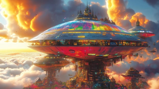 A stunning futuristic city floats among the clouds, featuring vibrant colors and unique architectural designs. The sunset casts a warm glow, enhancing the surreal atmosphere.