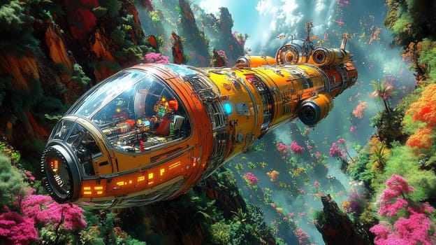 A sleek submarine navigates through a stunning underwater environment filled with vibrant, colorful plant life and dramatic lighting. The area showcases a blend of fantasy and technology.