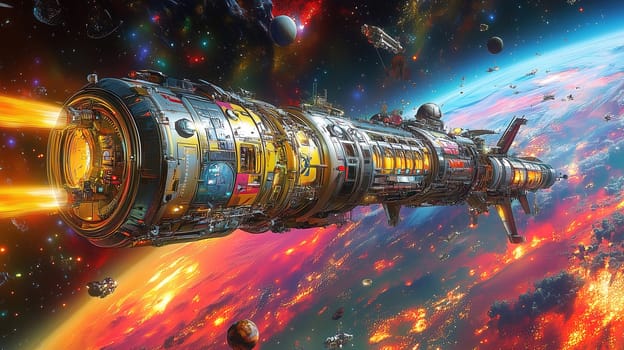 A futuristic space vessel travels through a vivid cosmic expanse, surrounded by colorful planets and distant stars. The ship emits bright propulsion flames as it explores the galaxy.