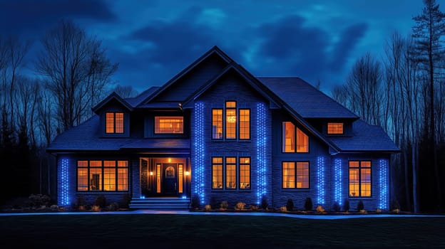 A striking modern house shines with blue lights as dusk settles, creating a cozy atmosphere. Warm yellow light spills from the windows, enhancing the inviting ambiance.