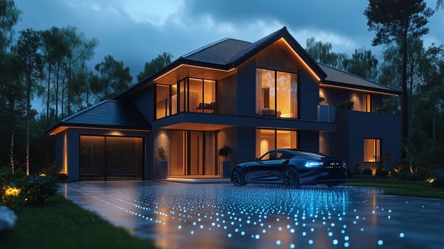 A contemporary house stands majestically at night, with warm lights glowing from its windows. A stylish car is parked on a driveway featuring luminous patterns, surrounded by trees.