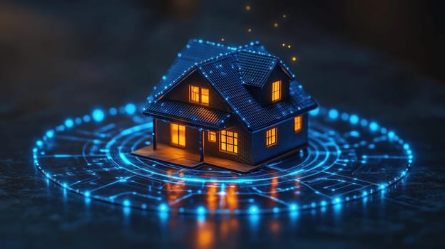 A miniature house adorned with glowing windows and holographic effects represents a blend of modern technology and home comfort at night, showcasing the evolution of smart living.