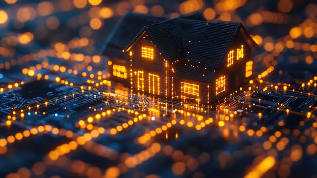 A miniature house is surrounded by glowing circuit patterns, symbolizing the integration of home technology and digital innovation in a vibrant, modern setting.