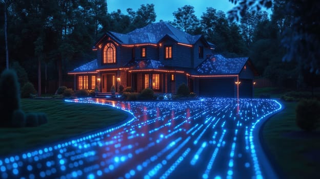 A modern house featuring beautiful blue LED lights along the driveway. The warm glow from the windows creates a cozy ambiance in the quiet wooded surroundings at twilight.