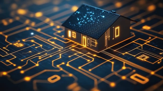 A small house model sits on a circuit board background illuminated with bright lines. The scene depicts a futuristic vision of smart technology at night, highlighting innovation in home design.