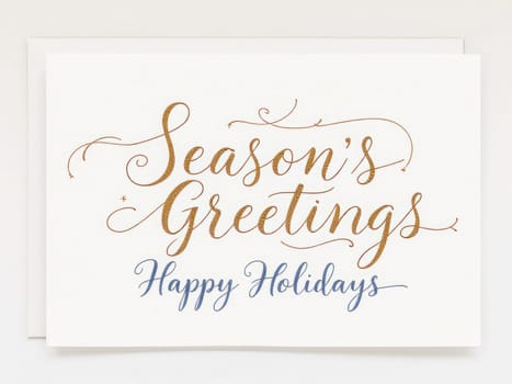 Elegant gold script lettering of season's greetings and happy holidays on a white background creates a festive holiday card design