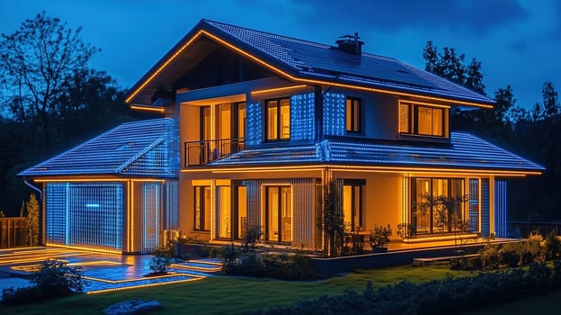 A modern house is adorned with bright blue and orange lights, creating a striking appearance at twilight. The surrounding garden adds tranquility to the setting.