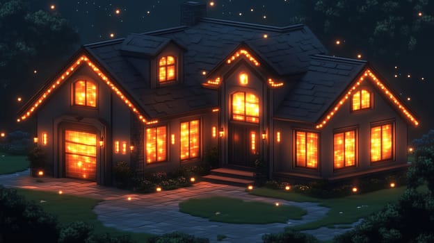 The charming house glows warmly with lights, surrounded by a lush garden. Fireflies dance in the twilight, creating a magical atmosphere.