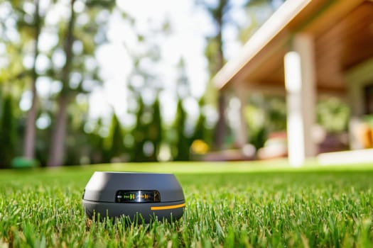 Smart garden system is automatically watering the lawn in a green backyard