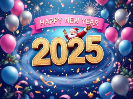 Santa claus celebrating new year 2025 surrounded by colorful balloons and confetti on a blue background