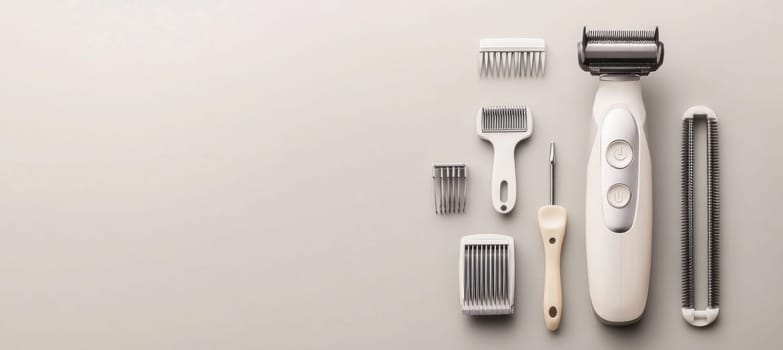 Hair clipper set with attachments, cleaning brush and oil bottle on a gray background