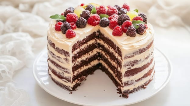 Chocolate cake with layers of cream and decorated with raspberries, blackberries, and grapes, showing a cut slice