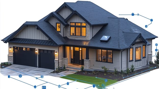 This modern house features a blend of elegant architecture and inviting landscaping. Outdoor lighting highlights the home's design in a picturesque suburban neighborhood at dusk.