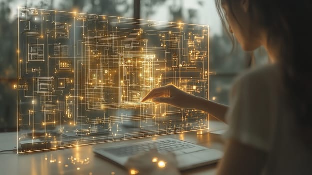 A person engages with a glowing, transparent digital interface filled with intricate designs in a cozy indoor environment. The soft evening light enhances the futuristic ambiance.