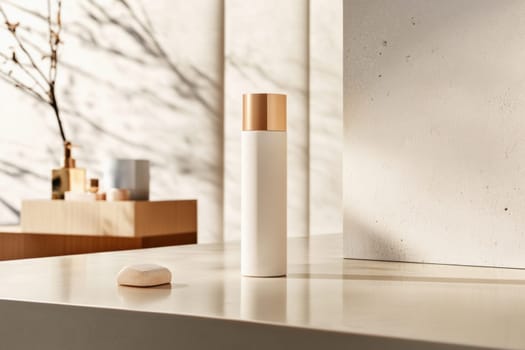 Elegant white cosmetic bottle with golden cap and soap bar placed on glossy table in stylish bathroom interior