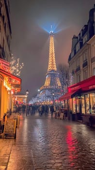 Christmas lights glowing on eiffel tower at night with tourists walking down cobblestone street in paris, france
