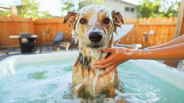 Owner washing a dog in a backyard tub, creating a fun and refreshing experience