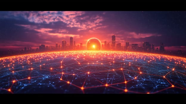 A vibrant sunset casts a warm glow over a city skyline, while intricate networks of glowing connections spread across the foreground, depicting a digital world intertwined with reality.