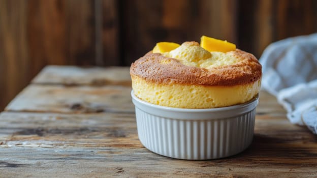 Freshly baked mango souffle resting in a white ramekin on a rustic wooden table