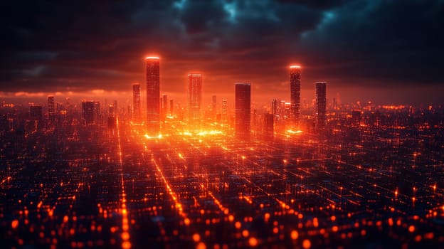 The skyline features tall buildings glowing orange against a dark sky filled with ominous clouds. A network of lights connects the structures, creating a striking urban atmosphere at night.