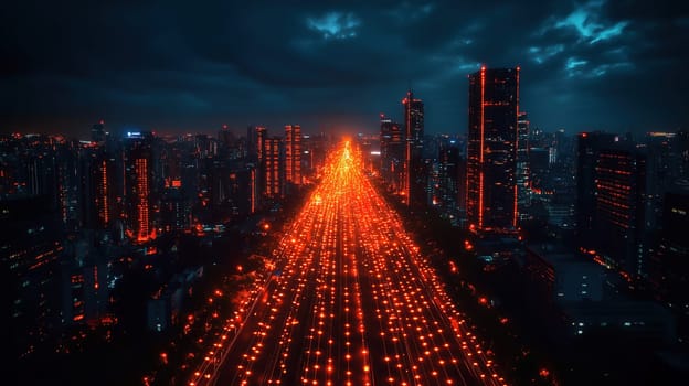 A dramatic view of a bustling city at night, featuring towering skyscrapers adorned with bright lights that create a vivid path through the urban landscape under cloudy skies.