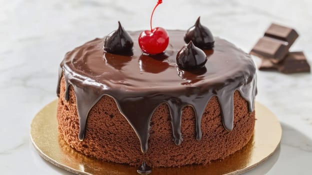 Chocolate cake with dripping ganache, decorated with a fresh cherry and chocolate chips, sits on a golden cardboard base on a marble table