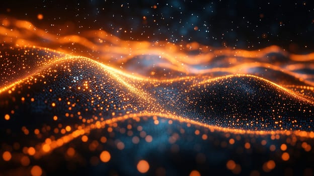 Glowing particles form dynamic waves that flow rhythmically across a dark background, creating a stunning visual effect. The vibrant colors enhance the captivating movement throughout the space.