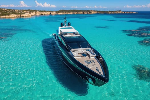 Modern yacht sailing on crystal clear turquoise water near a beautiful tropical island