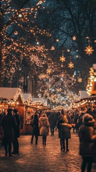 Tourists enjoying christmas spirit at traditional outdoor christmas market, buying presents and local food