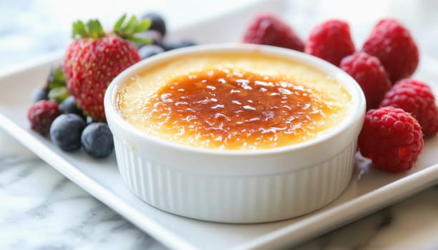Creamy creme brulee is garnished with fresh berries, creating a delightful dessert