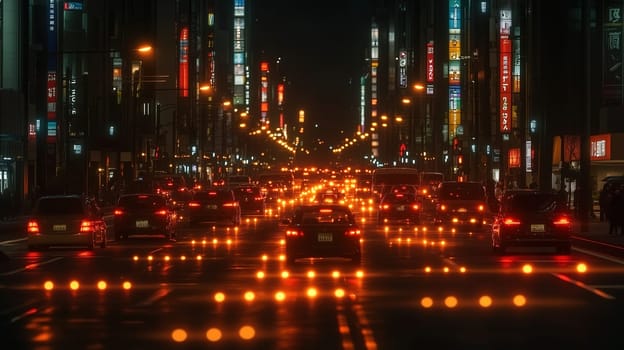 A vibrant urban street is alive with activity at night. Bright lights from shops and vehicles create a lively atmosphere as cars navigate the busy roadway.