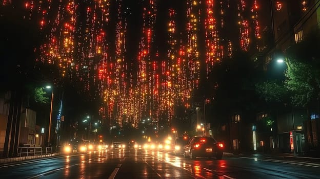 Bright lights hang above a bustling city street, casting colorful reflections on wet pavement. Cars navigate through the urban scene under the shimmering glow.