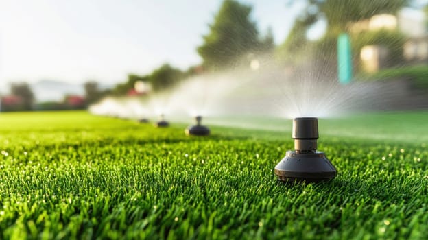 Irrigation system watering green grass on a golf course or football field