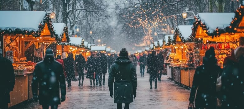 Man walking through a snow covered christmas market with illuminated stalls and shoppers