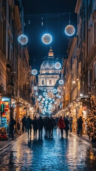 People walking down via dei condotti in rome at christmas time, with st. Peter's basilica in the background
